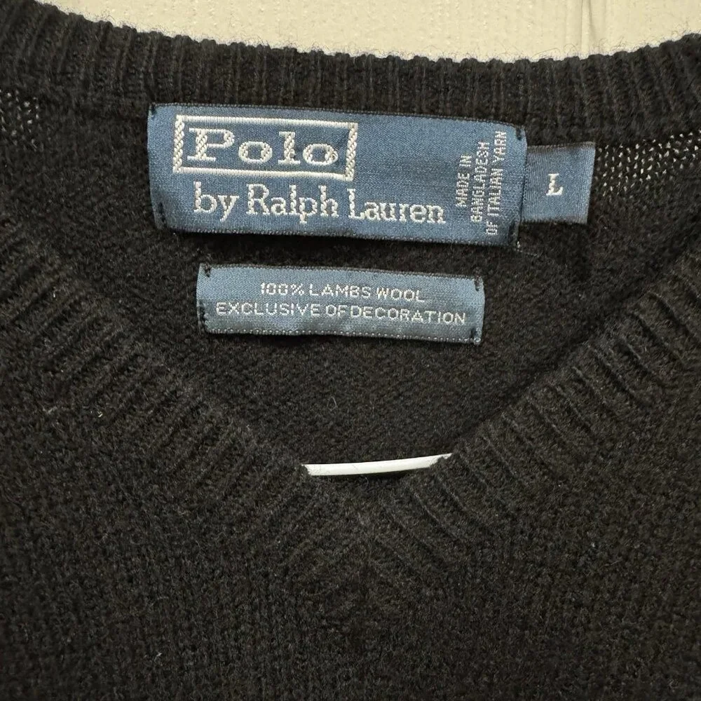 POLO Ralph Lauren Men's‎ Black Sweater Size Large V-Neck 100% Lambs Wool